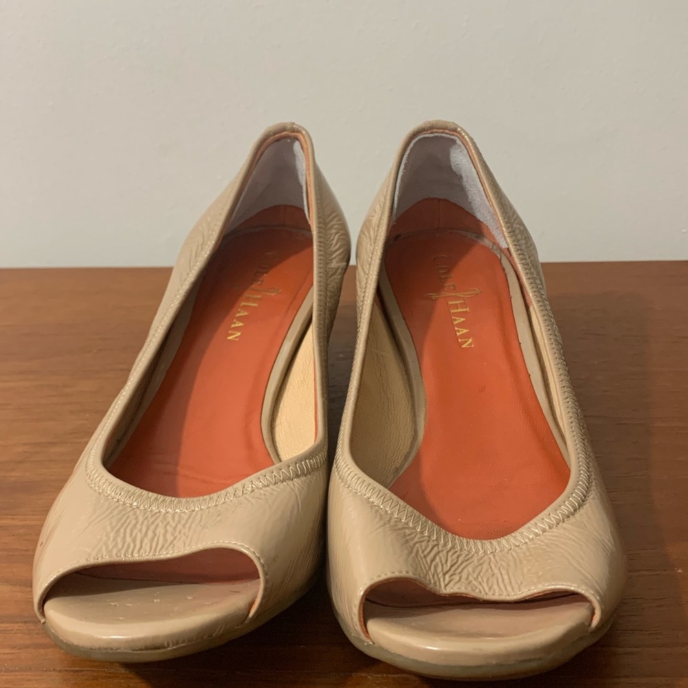 Cole Haan Tan Heeled Peep Toe Shoes